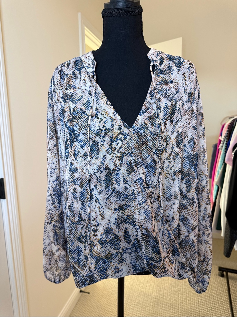 Veronica M Blue, White and Tan Snake-Print V-Neck Blouse